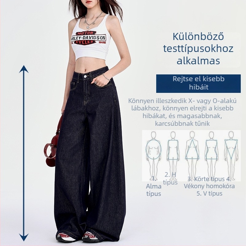 2026-os új modell kék denim széles szárú női farmer, plusz méret, karcsúsít a körte alakú testhez, magas derék, laza és kényelmes stílus