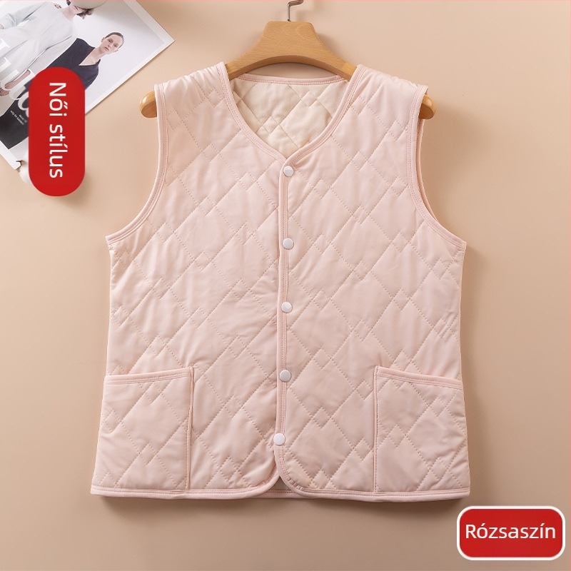 Unisex termikus mellény ősz-télre, poliészter anyagú, kétszeres rétegű, fleece bélés és velúr bélés, V-nyakú