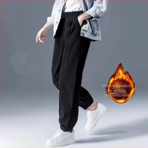 Női casual nadrág fleece belső réteggel, magas derék, széles szabású, 90–95% pamut, vastag téli viselet