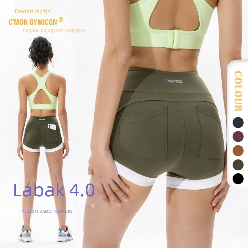 Női fitnesz rövidnadrág zsebekkel, magas derékkal, csípőemelés funkcióval, nedvességelvezető és gyorsan száradó nylonkeverék