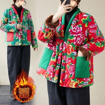 Női téli pamut kabát fleece béléses, vastag virágminta, kontrasztos színek, laza szabás, etnikus retro stílusú téli kabát