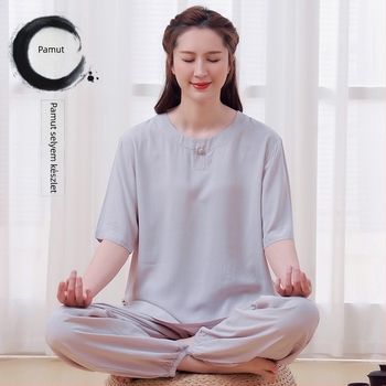 Tang-stílusú Zen tea ruha pamutszövettel, fonalas festett anyag, 90–95% pamut tartalom, hagyományos kínai stílusból merítve, 2022 őszön megjelenés