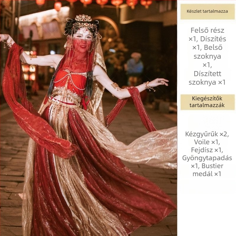 Etno táncos jelmez Dunhuang Apsara ihletésével, fémes selyem szövet, nyomtatás, fő anyag tartalom 95%+, mellékes anyag tartalom 95%+