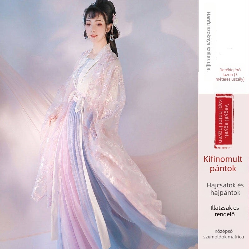 Hanfu női kínai stílusú ruhaszett — ruqun, mellkasig érő felső és derékig érő szoknya, diák stílus