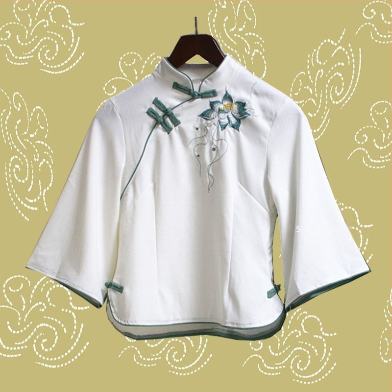 Pamut Hanfu felső RoC-stílusban, lótusz hímzéssel, félhosszú ujjú