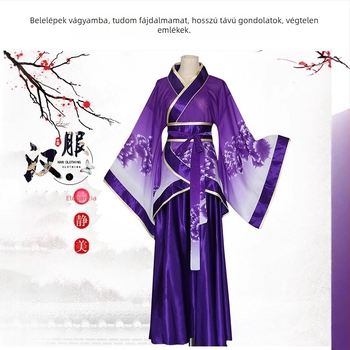 Hanfu női színpadi jelmez, hagyományos széles ujjú ruha, chiffon, poliészter 95%, digitális nyomtatás