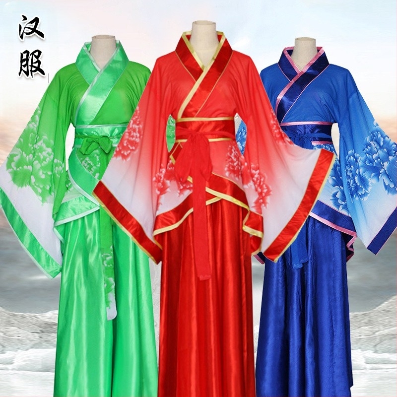 Hanfu női színpadi jelmez, hagyományos széles ujjú ruha, chiffon, poliészter 95%, digitális nyomtatás