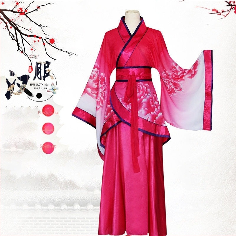 Hanfu női színpadi jelmez, hagyományos széles ujjú ruha, chiffon, poliészter 95%, digitális nyomtatás