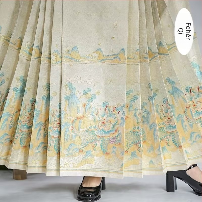Nemzeti stílusú Hanfu: virágos lóarcú paneles szoknya aranyszövésű mintával, új kínai stílus, egyrészes mindennapi viselet