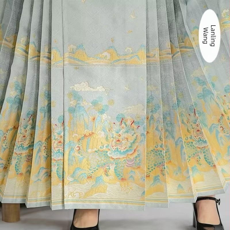 Nemzeti stílusú Hanfu: virágos lóarcú paneles szoknya aranyszövésű mintával, új kínai stílus, egyrészes mindennapi viselet