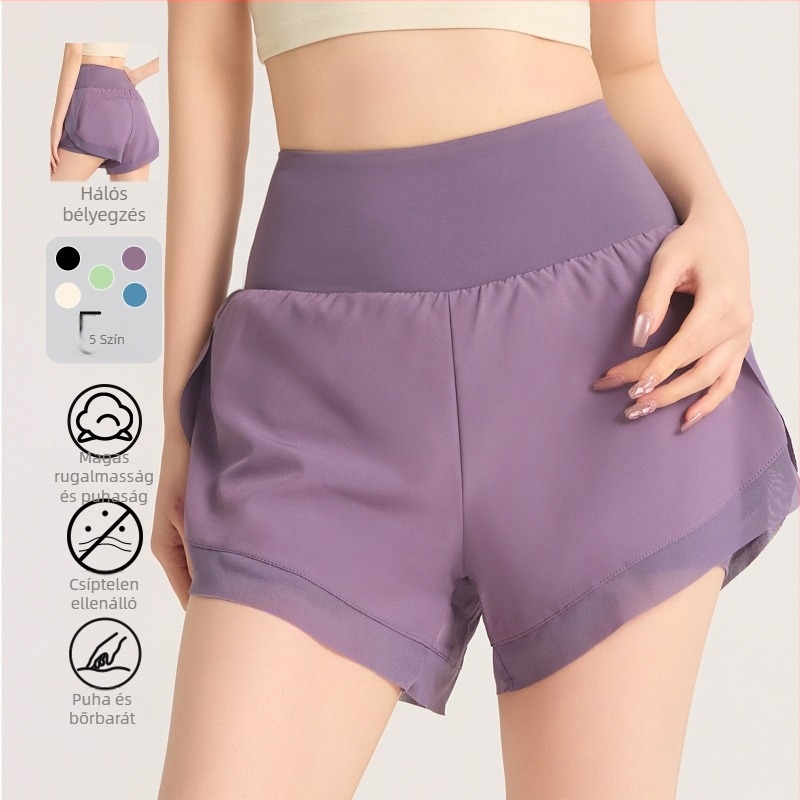 Női nyári sport rövidnadrág, gyorsan száradó, lélegző, magas derekú, leggings-stílusú alsórésszel, 86% poliészter / 14% spandex