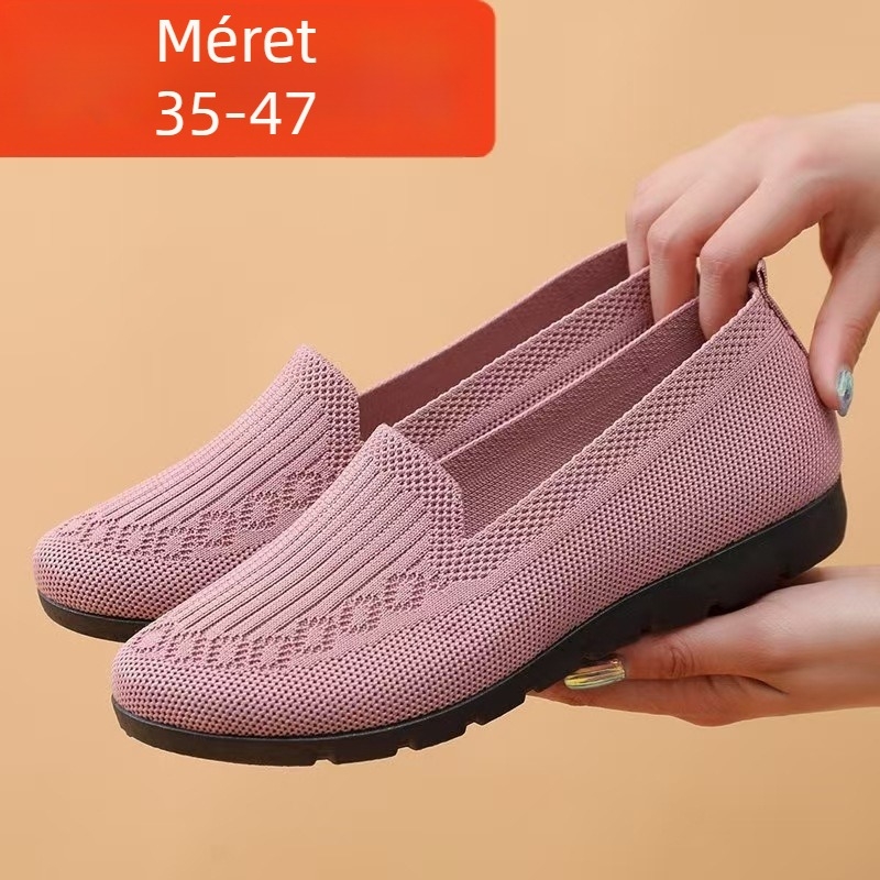 Mindennapi kényelmes cipő — lélegző hálós felsőrész, kerek orr, alacsony sarka 1–3 cm, textil talpbetét, műanyag talp