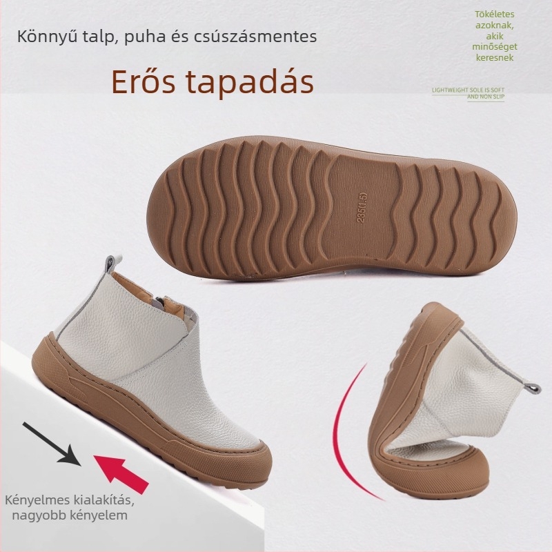 Női bakancs valódi bőrből, magas szárú, bolyhos bélésű, oldalsó cipzárral, gumitalppal, téli–őszi szezonra