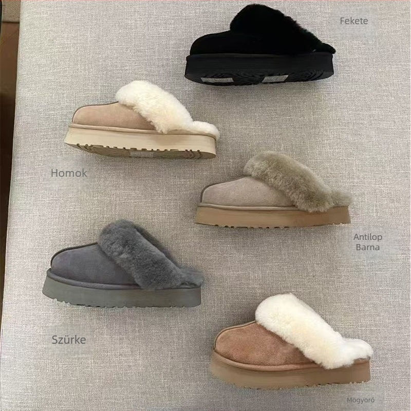 Koreai stílusú tehénbőr téli házicipő, gyapjú bélés, gumitalp, 3–5 cm vastagságú talp