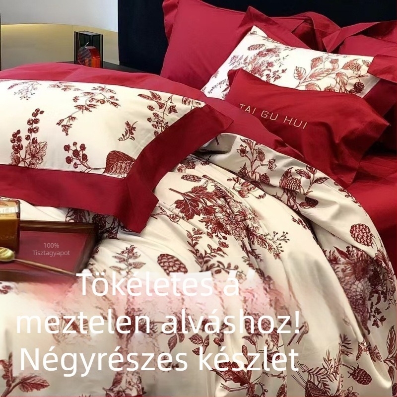 Egyszerű, romantikus esküvői ágyneműkészlet 100% pamutból, négy darabos, virágos digitális nyomással, piros.