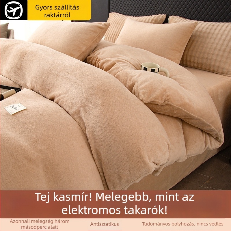 Egyszínű tej-velúr ágynemű négy részes készlet, A-osztályú minőség anyáknak és csecsemőknek, téli vastagított paplanhuzat és lepedő-szett