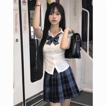 JK Uniform két darabos szett: derekat szorító ing és kockás szoknya, friss és édes egyetemi stílus, poliészter