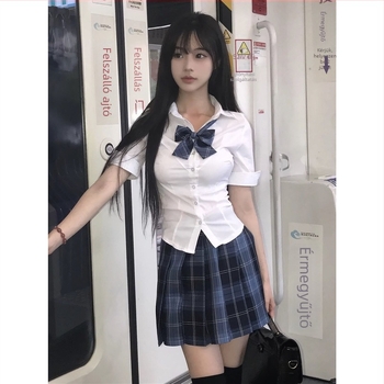 JK Uniform két darabos szett: derekat szorító ing és kockás szoknya, friss és édes egyetemi stílus, poliészter