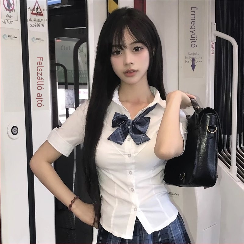 JK Uniform két darabos szett: derekat szorító ing és kockás szoknya, friss és édes egyetemi stílus, poliészter