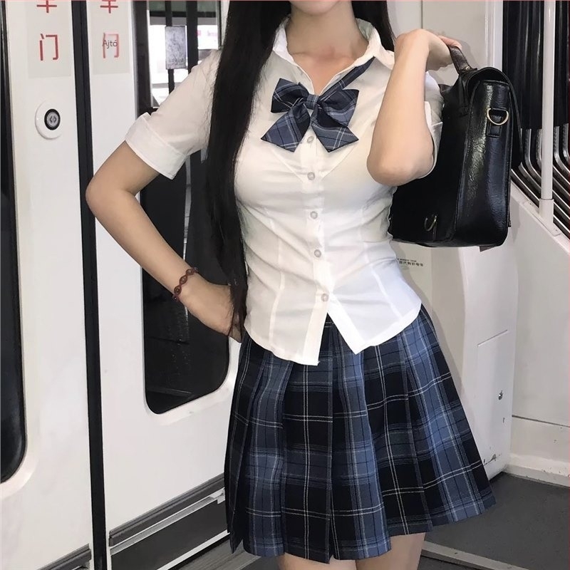 JK Uniform két darabos szett: derekat szorító ing és kockás szoknya, friss és édes egyetemi stílus, poliészter