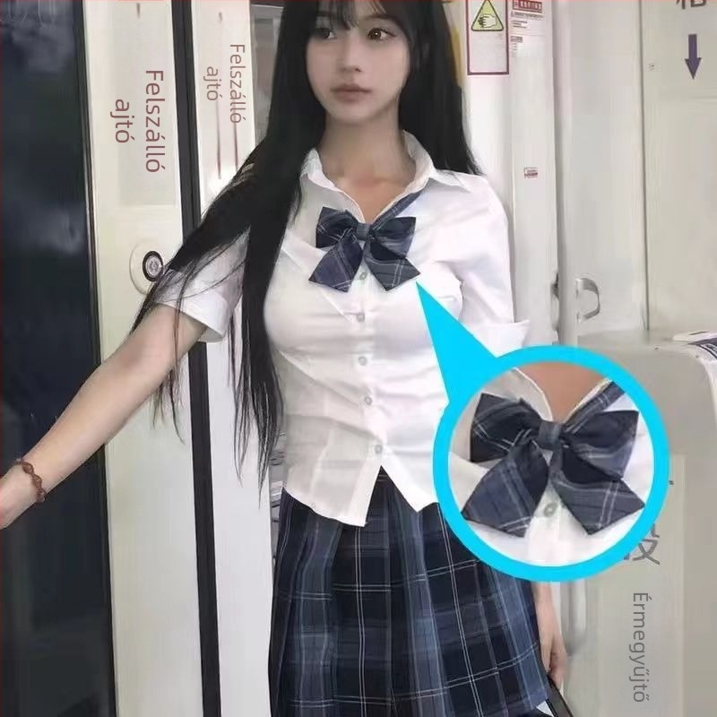 JK Uniform két darabos szett: derekat szorító ing és kockás szoknya, friss és édes egyetemi stílus, poliészter