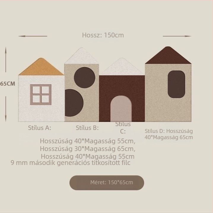 3D gyerek ház filc falidekor – rajzfilmszerű stílus, geometriai absztrakt minta, poliészter, testreszabás elérhető, alkalmas nappalira, hálószobára, dolgozószobára