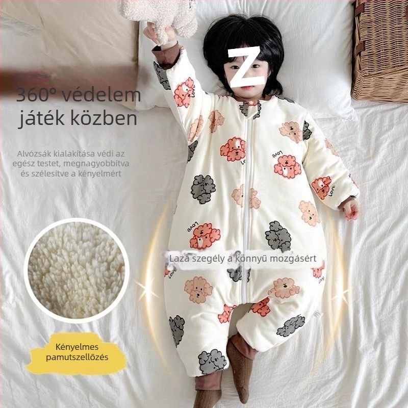 Gyerekeknek készült őszi-téli vastag hálózsák, cipzárral, elválasztott lábakkal, 100% pamut külső, kasmírtöltet, cartoon stílus, uniszex