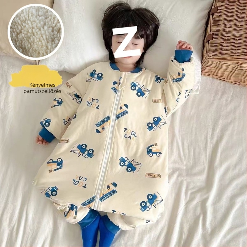 Gyerekeknek készült őszi-téli vastag hálózsák, cipzárral, elválasztott lábakkal, 100% pamut külső, kasmírtöltet, cartoon stílus, uniszex