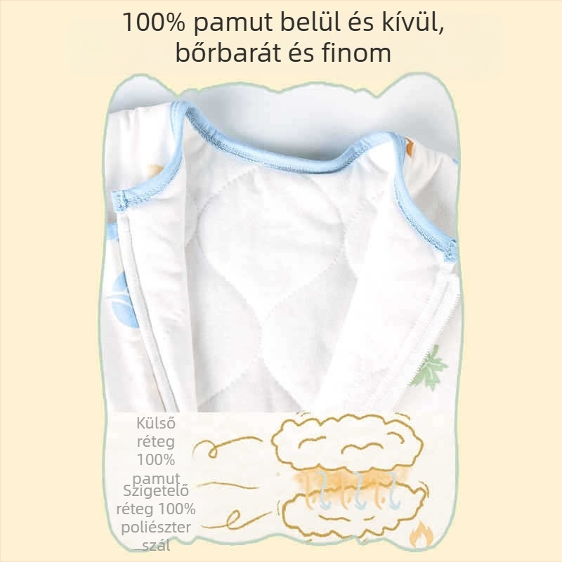 A-kategóriás baba téli hálózsák, pamutból, vékony töltettel, osztott lábakkal, rajzfilm mintával, cipzárral