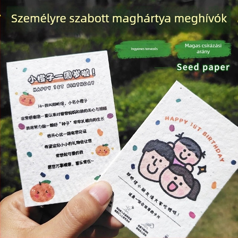 Személyre szabható baba első születésnapi Meghívó seed papírból, kártya formátum, környezetbarát