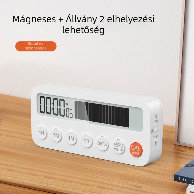 Progresszív sávú visszaszámláló időzítő, LCD kijelző, elektronikus működés, ABS ház, akkumulátorról működő.