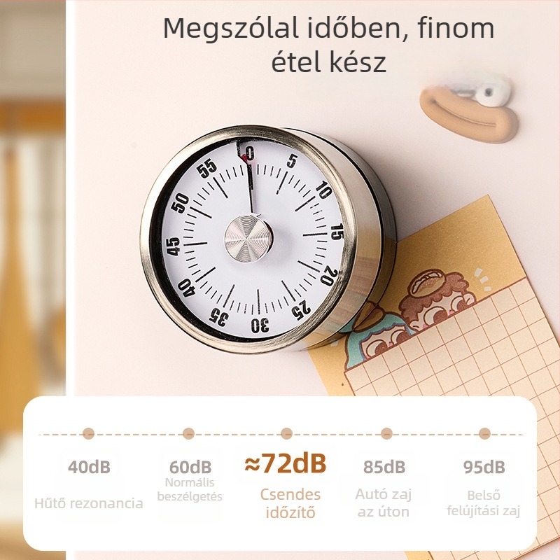 Mechanikus konyhai időzítő mágneses rögzítéssel, LCD kijelző, kerek fém burkolat, kézi működtetés