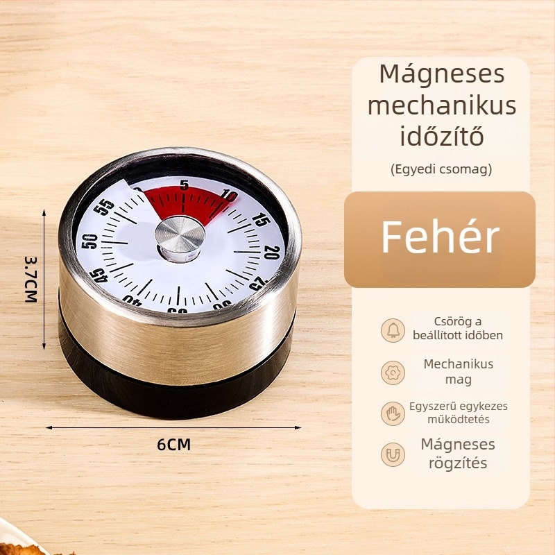 Mechanikus konyhai időzítő mágneses rögzítéssel, LCD kijelző, kerek fém burkolat, kézi működtetés