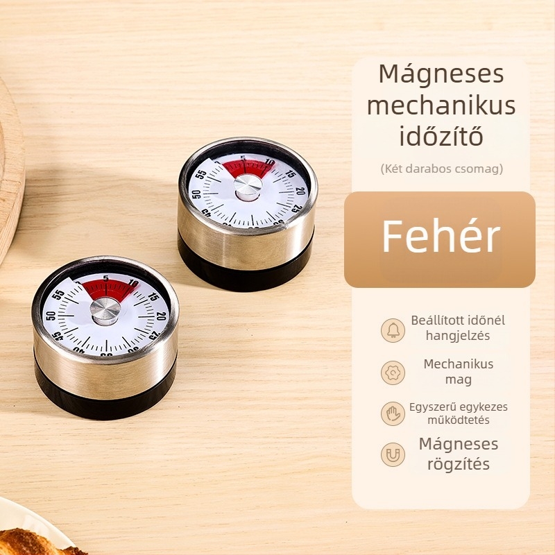 Mechanikus konyhai időzítő mágneses rögzítéssel, LCD kijelző, kerek fém burkolat, kézi működtetés