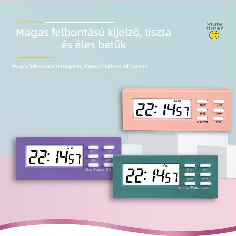 Mini többfunkciós időzítő ébresztő diákoknak, elektronikus működés, LCD számkijelző, téglalap alakú kivitel, elemről működik