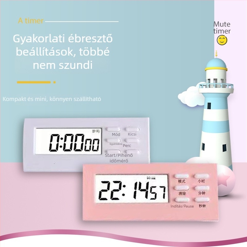 Mini többfunkciós időzítő ébresztő diákoknak, elektronikus működés, LCD számkijelző, téglalap alakú kivitel, elemről működik