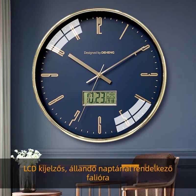 Fali óra LCD kijelzővel, naptárral, csendes járású másodperces mozgás, elemmel működik, kör alakú műanyag tokozás