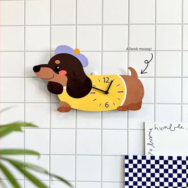 Rajzolt dachshund farkát mozgató dekoratív falióra a nappaliba – háziállatóra