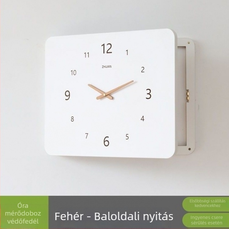 Fali óra elektromos mérő- és biztosítótáblázás fedésére — skandináv stílusú falikép, telepítés fúrás nélkül; ugrókéses mozgás, LCD és mutató kijelző, zafír ház, kvarc üveg tükör, papír laminált számlap