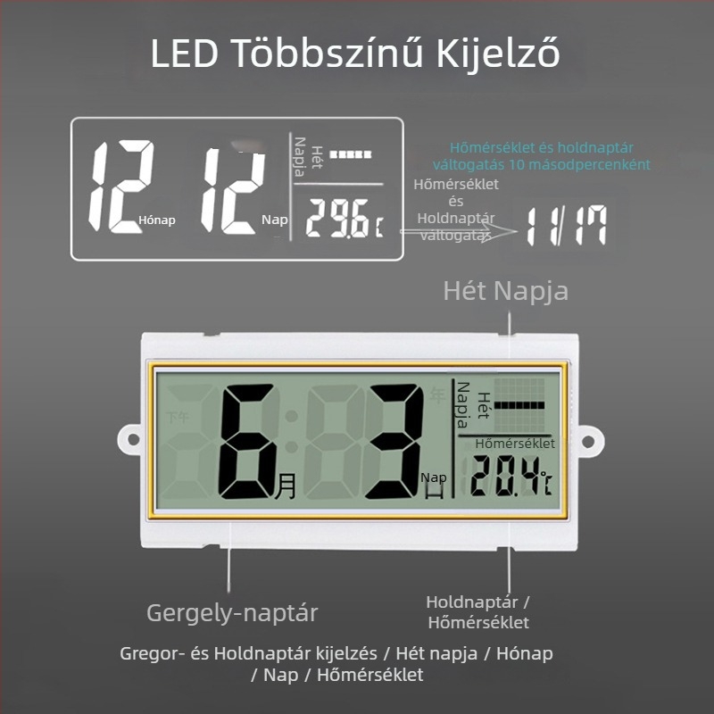 Rádiójel-vezérelt falióra naptárral, hőmérővel és holdfázis kijelzővel