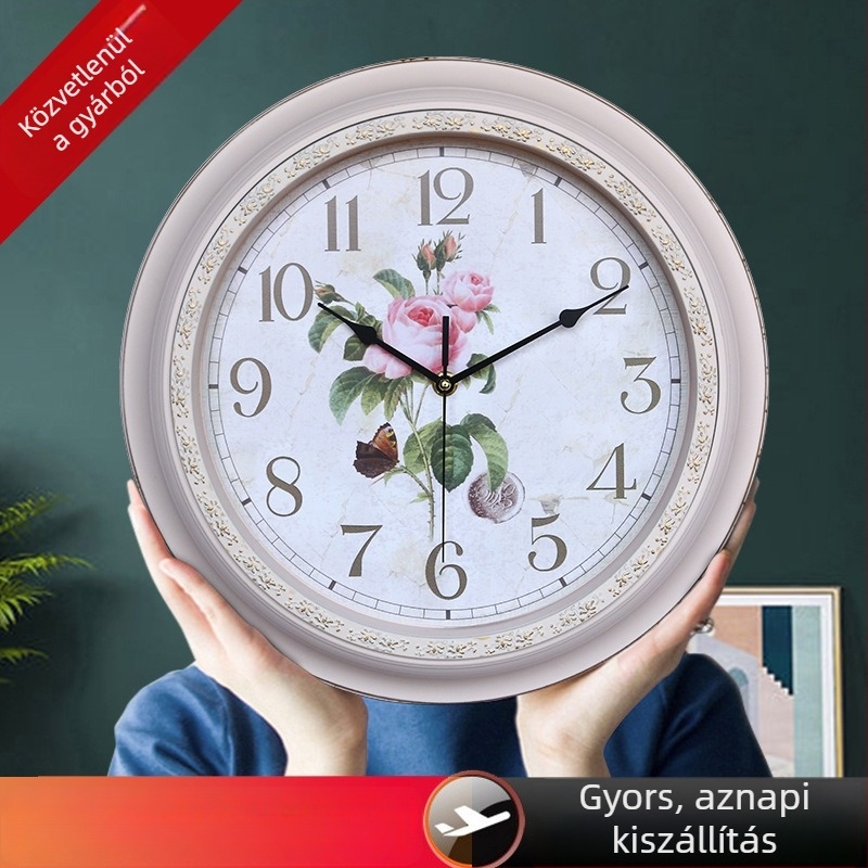 Európai stílusú vintage falióra, kör alakú, 14 hüvelykes, nappaliba, akkumulátorral működő, sima másodperces mozgás