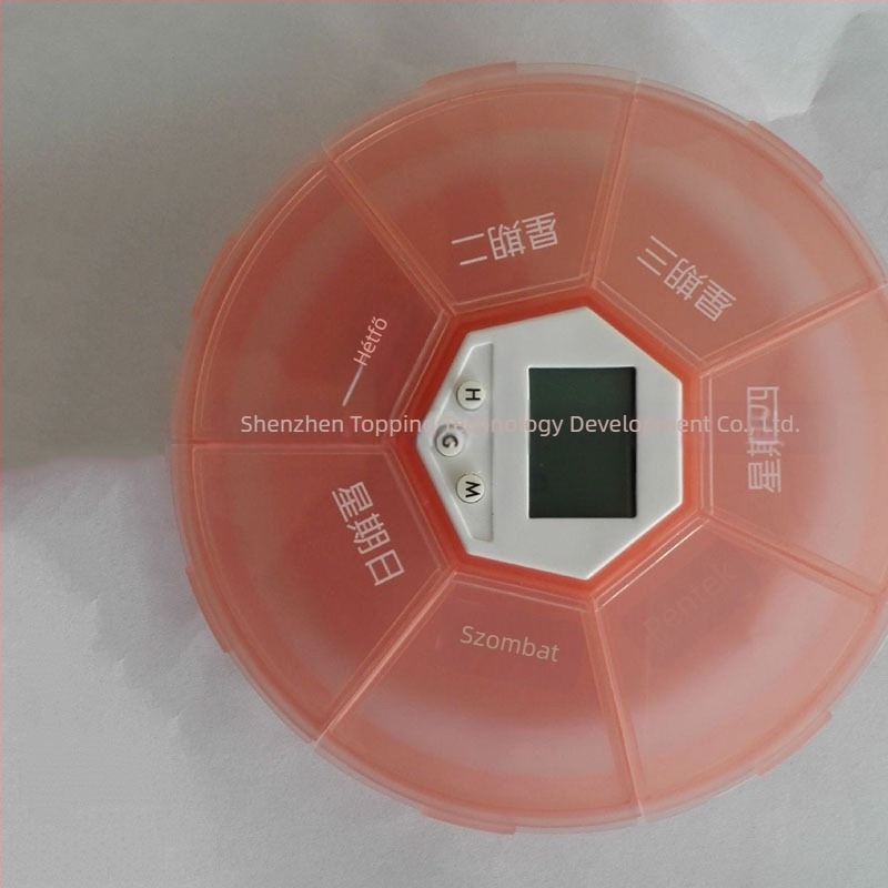 Kerek alakú elektronikus gyógyszeres doboz időzítővel, 7 rekesz, 4 riasztás, LCD kijelző