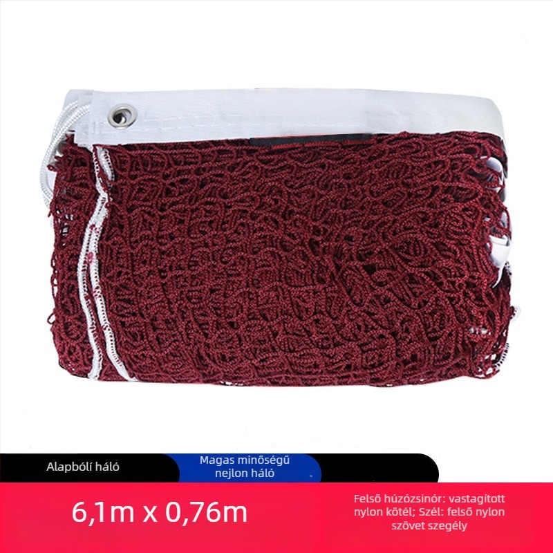 Negyoldalú szegélyű tollaslabda háló, szabványos kerettel és bevont acélhuzallal a húzáshoz — versenyekre és edzésekre