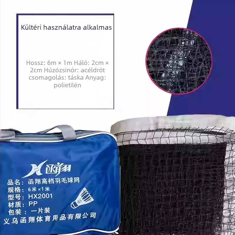 Negyoldalú szegélyű tollaslabda háló, szabványos kerettel és bevont acélhuzallal a húzáshoz — versenyekre és edzésekre