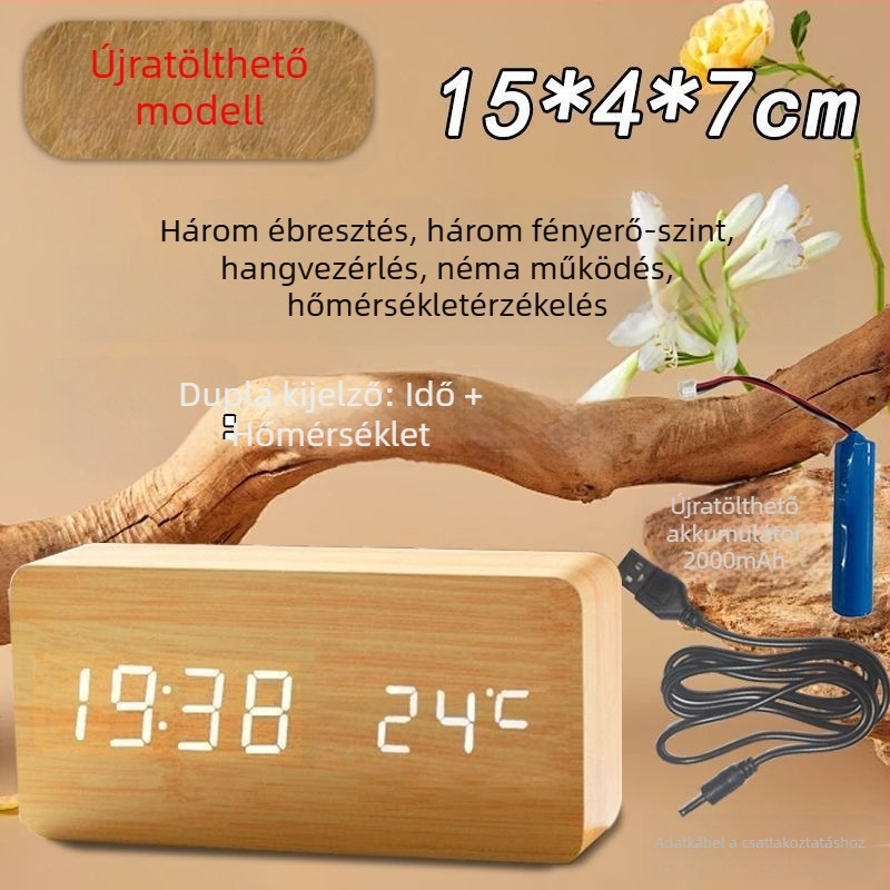 Négyzetes asztali ébresztőóra, multifunkcionális fa ébresztőóra éjjeli fénnyel, okos skandináv dizájn hálószobára és diákszállásra
