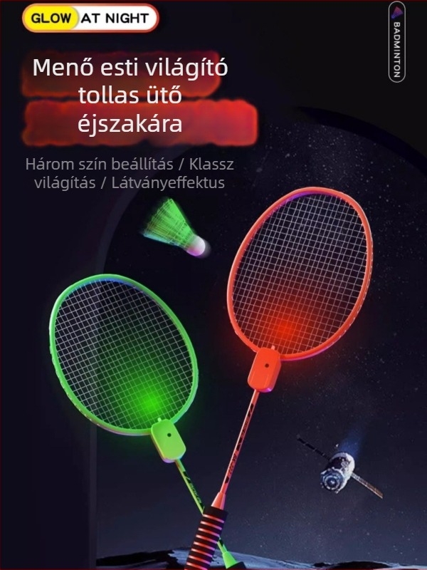 Badmintonütő világító fénnyel, ultra könnyű titan ötvözet váz, nejlon húrok, 95–100 g tömeg, fogantyú vastagsága G1