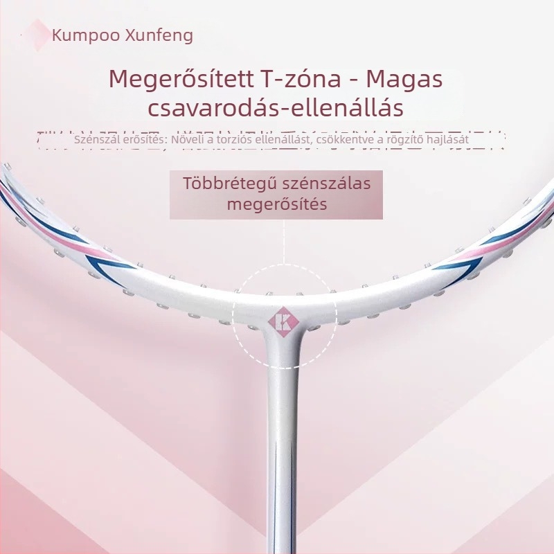 Badmintonütő Kumpoo Xunfeng K520Pro, szénszálas keret, nylon húzású, tömeg 80–84 g, fogásvastagság G5, egyes játékhoz