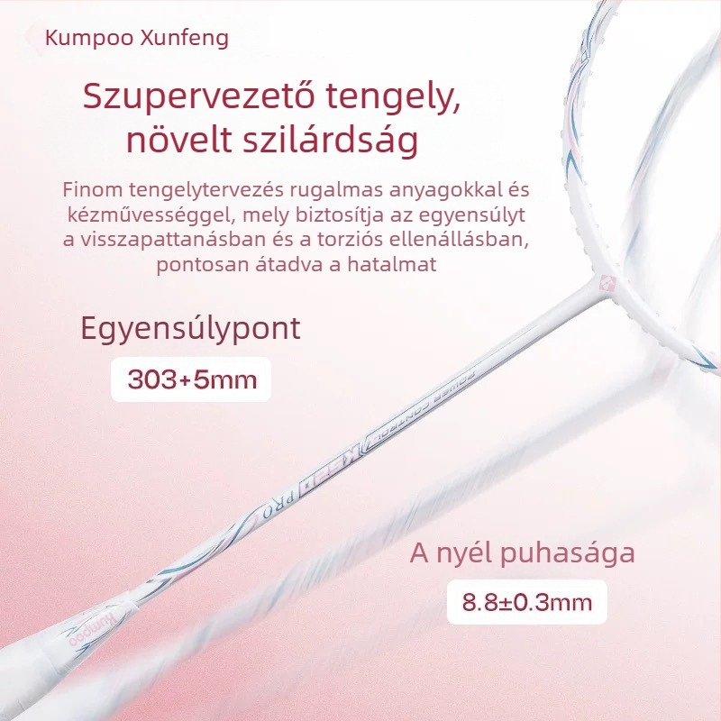 Badmintonütő Kumpoo Xunfeng K520Pro, szénszálas keret, nylon húzású, tömeg 80–84 g, fogásvastagság G5, egyes játékhoz