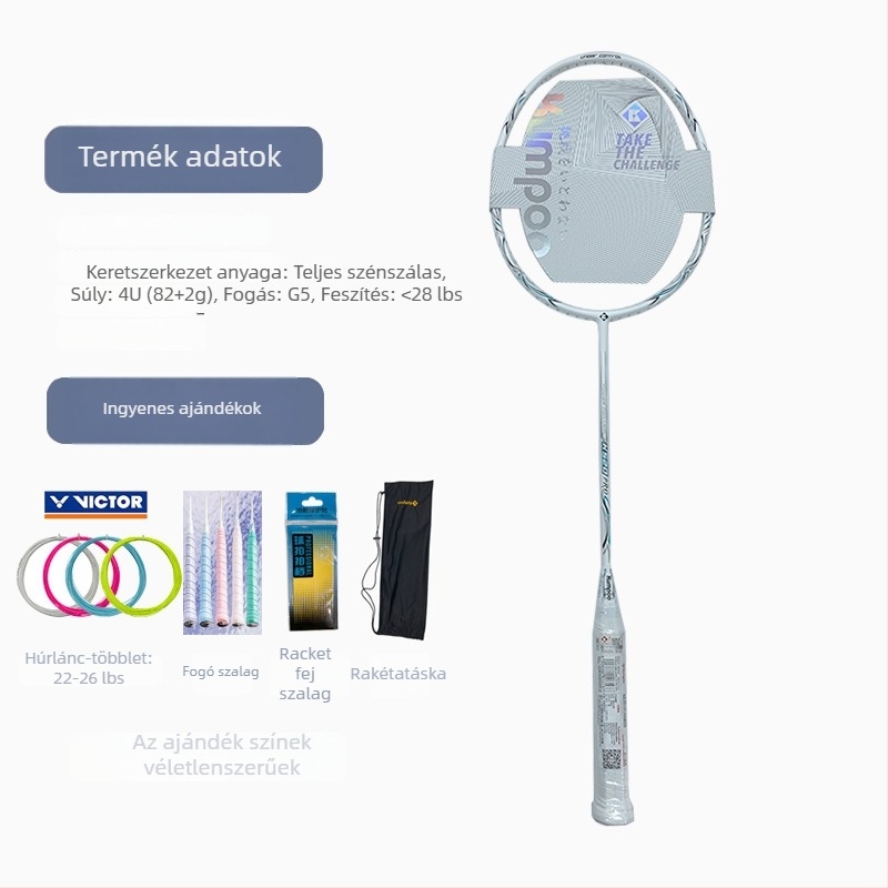 Badmintonütő Kumpoo Xunfeng K520Pro, szénszálas keret, nylon húzású, tömeg 80–84 g, fogásvastagság G5, egyes játékhoz