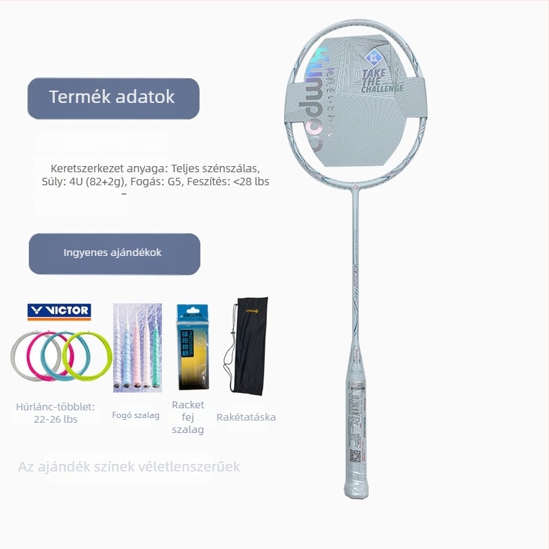 Badmintonütő Kumpoo Xunfeng K520Pro, szénszálas keret, nylon húzású, tömeg 80–84 g, fogásvastagság G5, egyes játékhoz